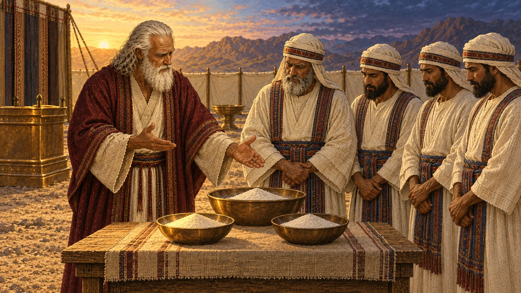Moses in cream robe and burgundy mantle teaches Aaron and his adult sons beside a measured bowl of fine flour. On a low preparation table, the flour is divided into exactly two equal shallow bowls, one touched by warm dawn light and the other reserved beneath the deepening evening sky beyond the courtyard. No written labels, scales, extra portions, animal, blood, or visible deity.
