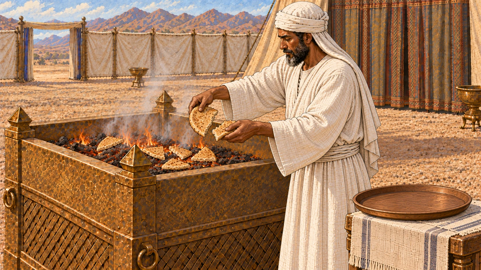 A white-linen anointed priest breaks an oil-mixed griddle cake into several baked pieces over a broad bronze pan, then places every piece onto the low altar fire. An empty serving tray makes clear that none is retained for eating. Single continuous ritual moment, no diners, raw dough, animal, blood, gore, or dramatic flames.