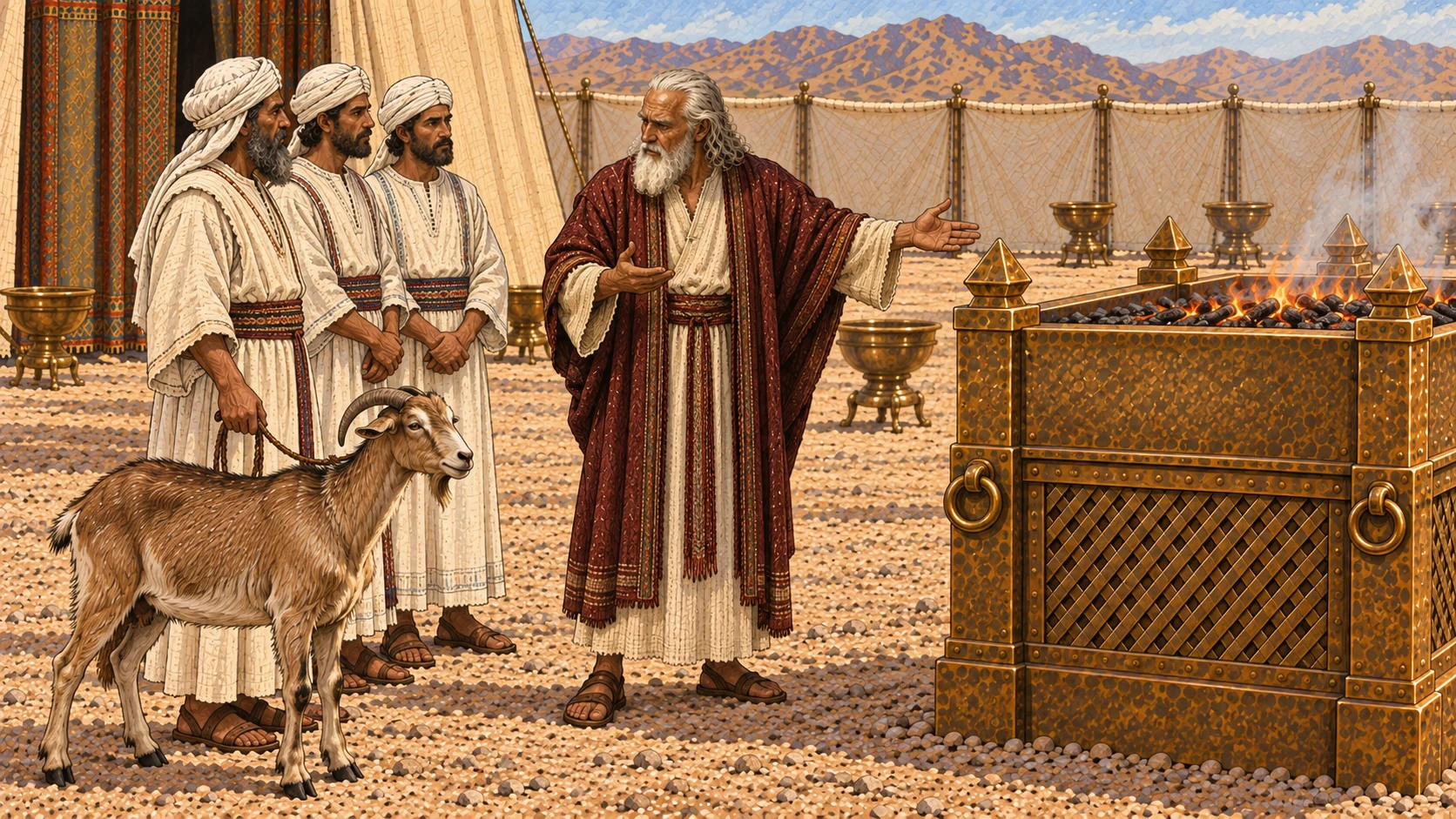 Moses, with long white hair and beard, cream robe and burgundy mantle, instructs Aaron and two adult priestly sons at the designated side of the broad bronze altar. One healthy living female goat stands calmly nearby as the sin offering, held by a simple lead. Instruction and location only; no hand on animal, blade, blood, wound, slaughter, or carcass.