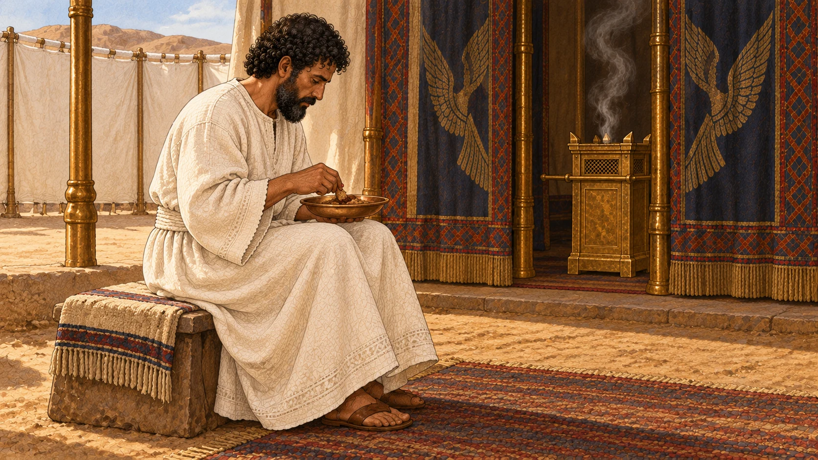 The white-linen priest who performed the atonement sits in the sanctuary courtyard and eats a modest cooked portion of the sin offering from a single shallow bronze dish. The linen enclosure and tent entrance establish the holy place. Quiet sacred meal, no feast crowd, raw flesh, blood, bones, gore, or ordinary camp setting.