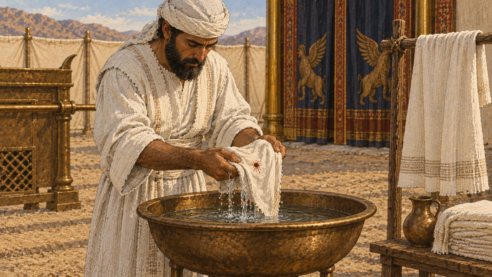 At a washing basin inside the sanctuary courtyard, a white-linen priest carefully rinses one linen garment bearing a single tiny dark red spatter. Clear water flows from his hands into the basin while a clean garment hangs nearby. Restrained instructional detail; no wounded person, animal body, gore, laundry crowd, or river setting.