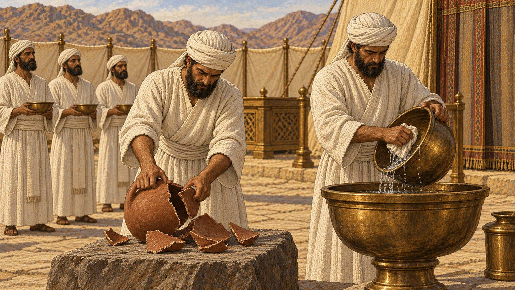 In the holy courtyard, two white-linen priests carry out the vessel rules side by side: one breaks a used earthenware cooking pot cleanly into several large shards on a stone surface, while the other scours and rinses a sturdy bronze pot with water. A few adult male priests wait for their holy portion in the background. No food splatter, blood, gore, women, children, or modern brushes.