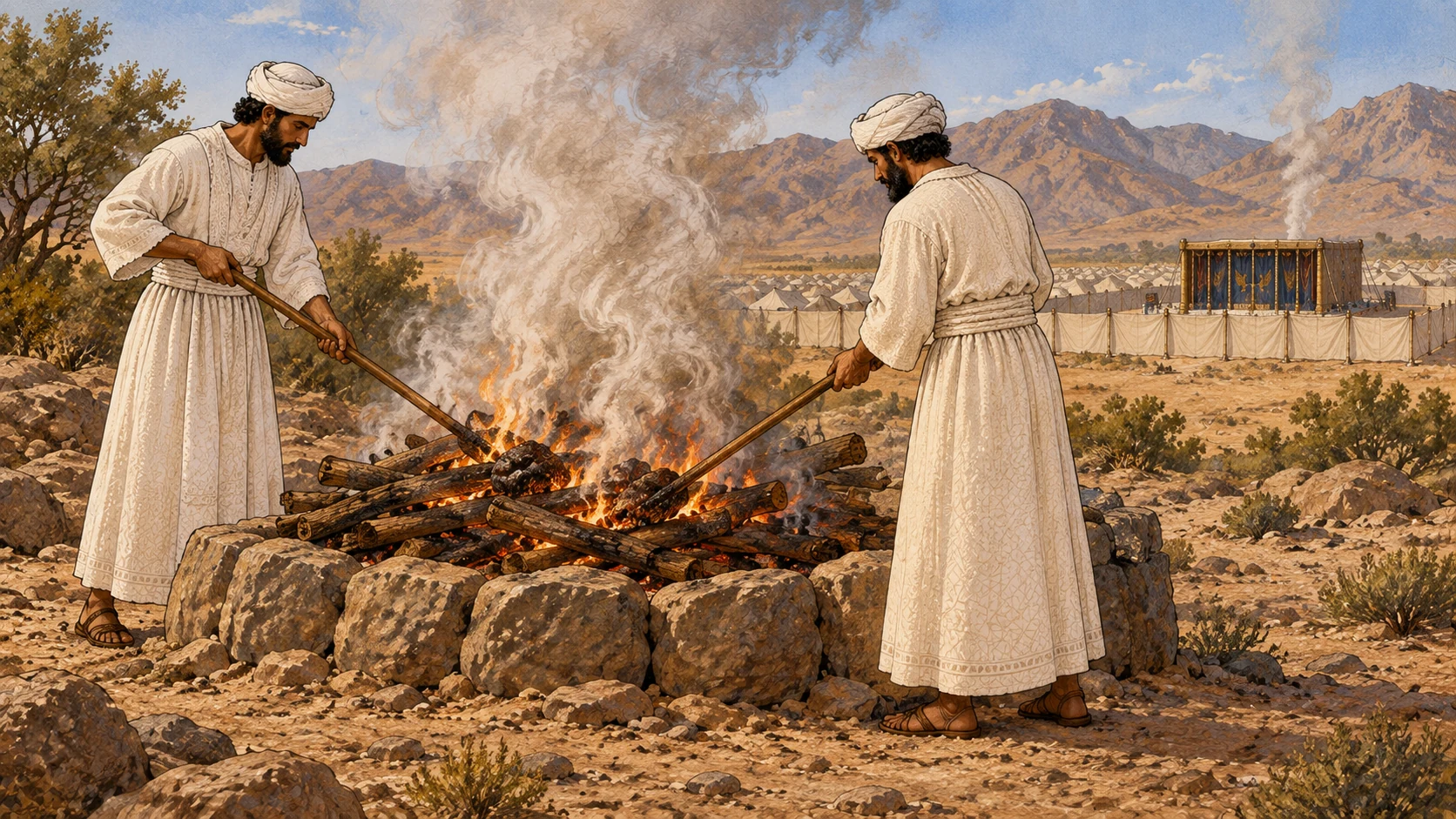 At a clean place beyond the camp, two white-linen priestly attendants place the covered remains of a sin offering onto a prepared wood fire because its blood had entered the holy place. In the far distance, the sanctuary tent is visible within the camp. Keep all remains fully wrapped and non-graphic; no exposed carcass, blood, gore, scavengers, or ordinary refuse.