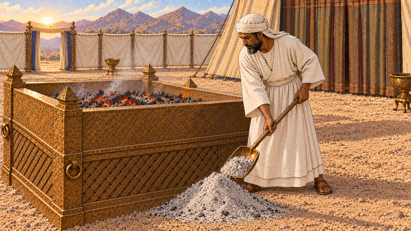 At first light inside the sanctuary courtyard, a priest wearing a full white linen tunic with linen undergarment discreetly covered beneath it uses a bronze shovel to lift cool pale ashes from the broad altar and place them in one tidy mound beside the altar. Low embers remain. No nudity, animal remains, blood, gore, or modern tools.