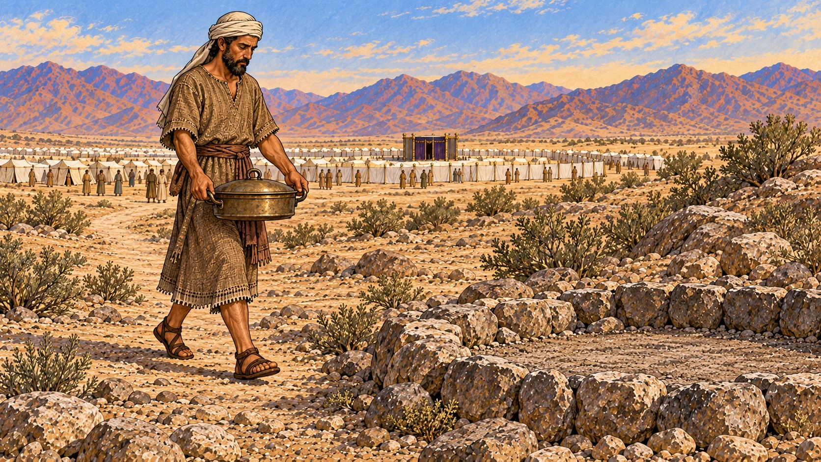 Outside the Israelite camp in clear morning light, the same priest now wears plain work garments distinct from his white sanctuary linen and carries a covered bronze ash pan toward an established clean ash place. Distant tents and the sanctuary mark the route behind him. No loose blowing ash, carcass, refuse heap, blood, or fire.