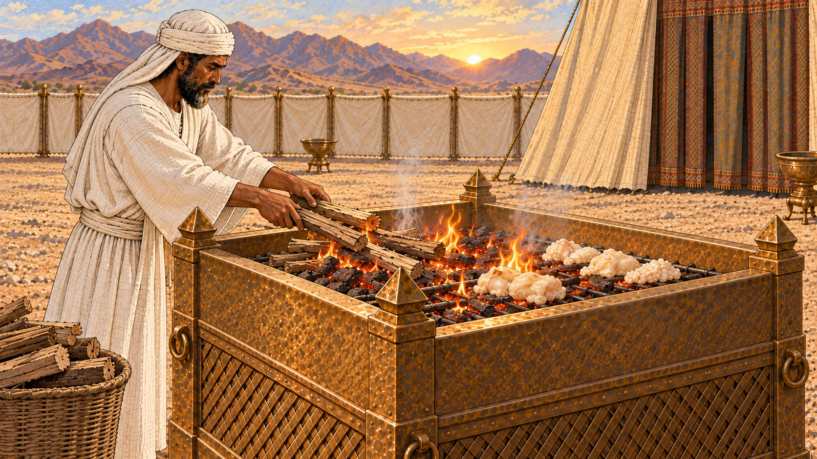 At dawn, a white-linen priest carefully adds split acacia wood to the broad bronze lattice altar, arranging the pieces over a controlled bed of living coals. A prepared offering and pale peace-offering fat portions rest orderly above the grate without visible carcass detail. The continual flame is steady and modest, not a dramatic inferno; no blood or gore.