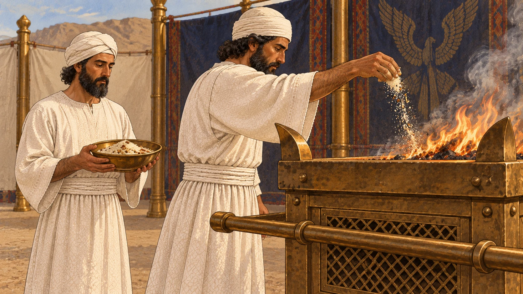 In front of the broad bronze altar, one adult son of Aaron in clean white linen presents a shallow bowl of fine flour mixed with oil and frankincense. A second priest lifts exactly one memorial handful toward the low altar flame. Show one bowl, one handful, and a small incense portion clearly; no animal, bread loaves, fruit, blood, or excess vessels.