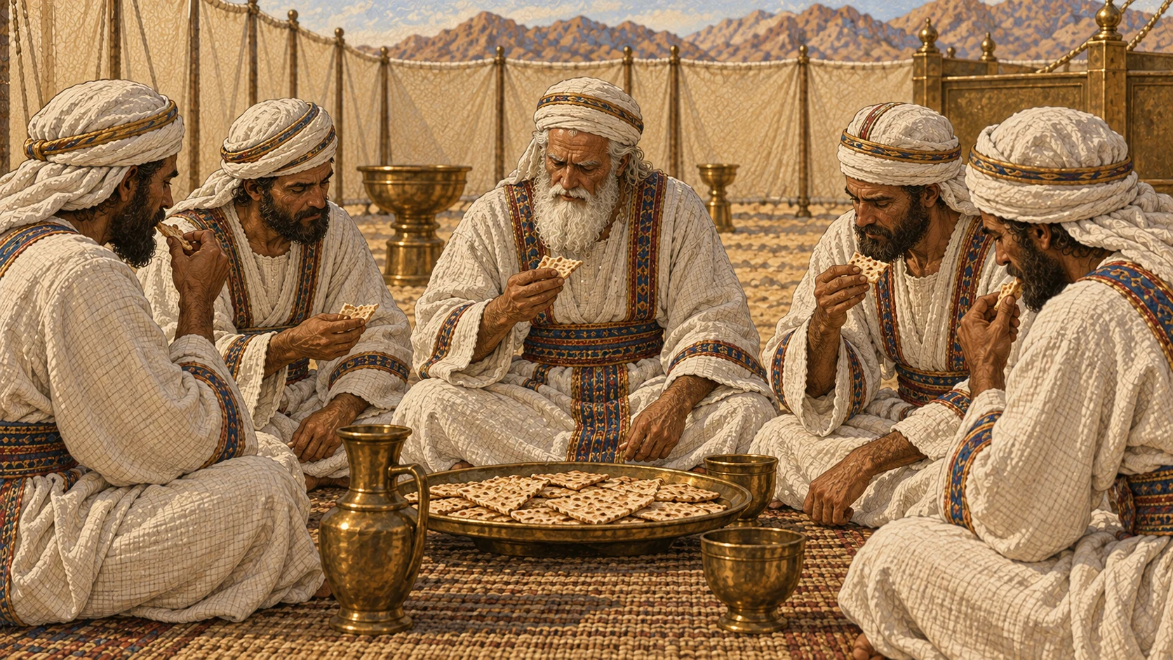 Within the linen-walled courtyard of the tent of meeting, Aaron and several adult male priests sit together and eat the remaining grain offering as simple flat unleavened portions from one shared tray. Their white linen garments and the sacred courtyard setting are clear. No women or children at the meal, no risen loaves, feast abundance, meat, blood, or ordinary camp setting.