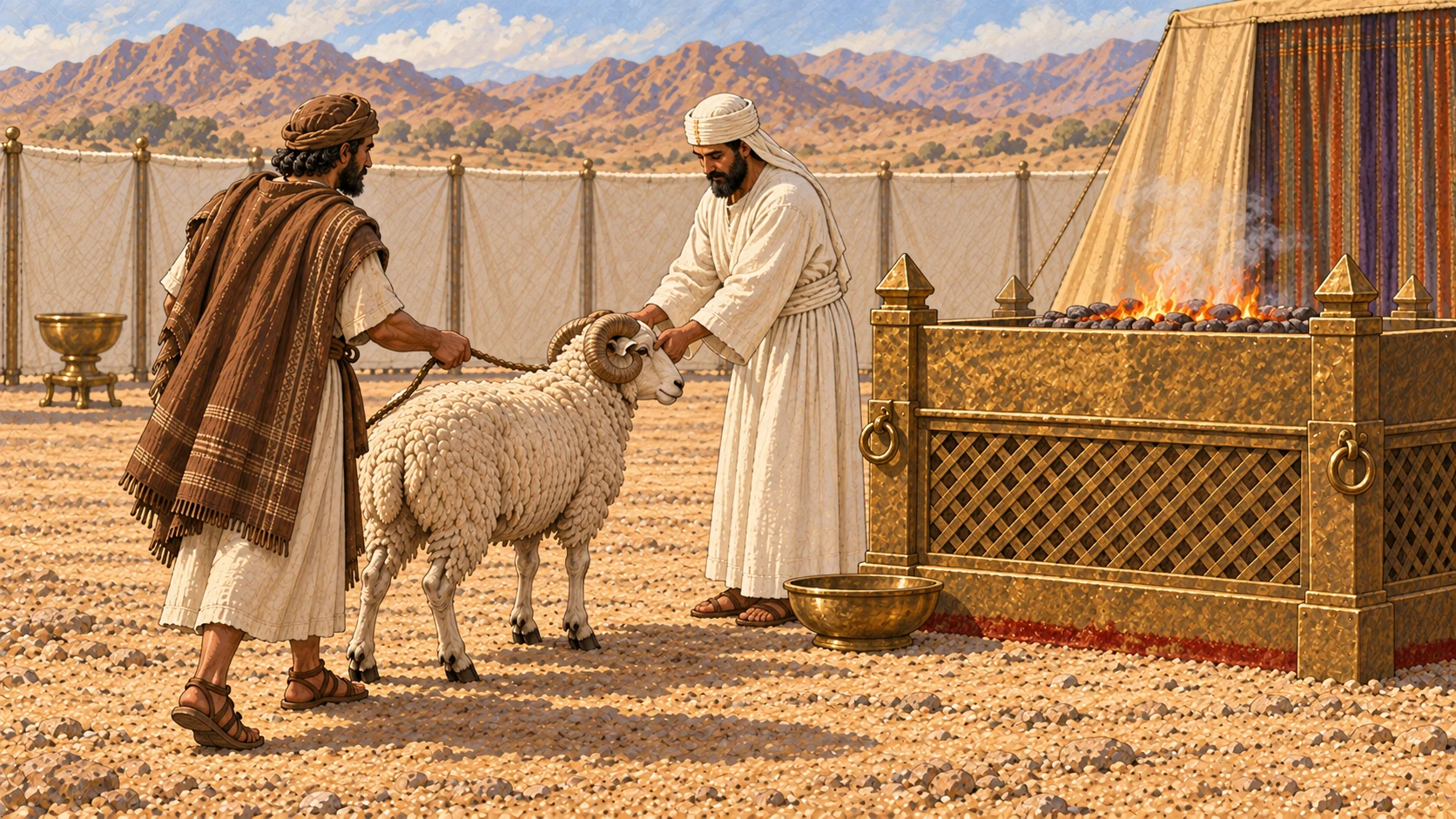 At the designated side of the broad bronze lattice altar, a white-linen priest presents one healthy horned ram as the guilt offering. A shallow bronze bowl and a single restrained dark red mark around the altar base indicate the prescribed blood rite without showing slaughter. No blade, wound, exposed carcass, gore, or dramatic blood.