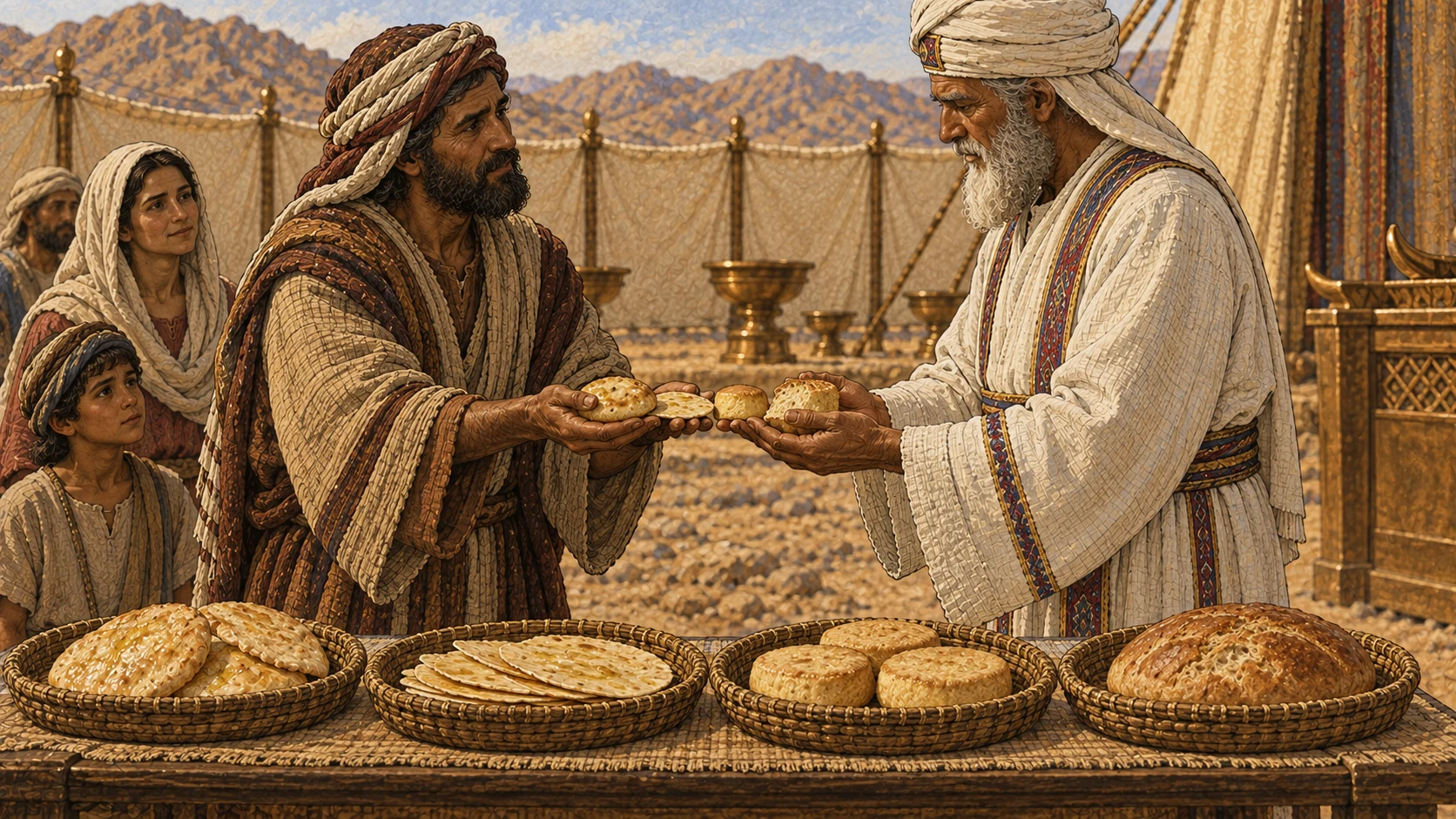A grateful worshipper presents a peace offering with four clearly differentiated bread groups on low woven trays: unleavened oil-mixed loaves, thin unleavened wafers brushed with oil, fine-flour cakes mixed with oil, and leavened bread. He gives exactly one representative piece from each group to the white-linen priest. No lettering, duplicate heaps, animal slaughter, blood, or lavish banquet.