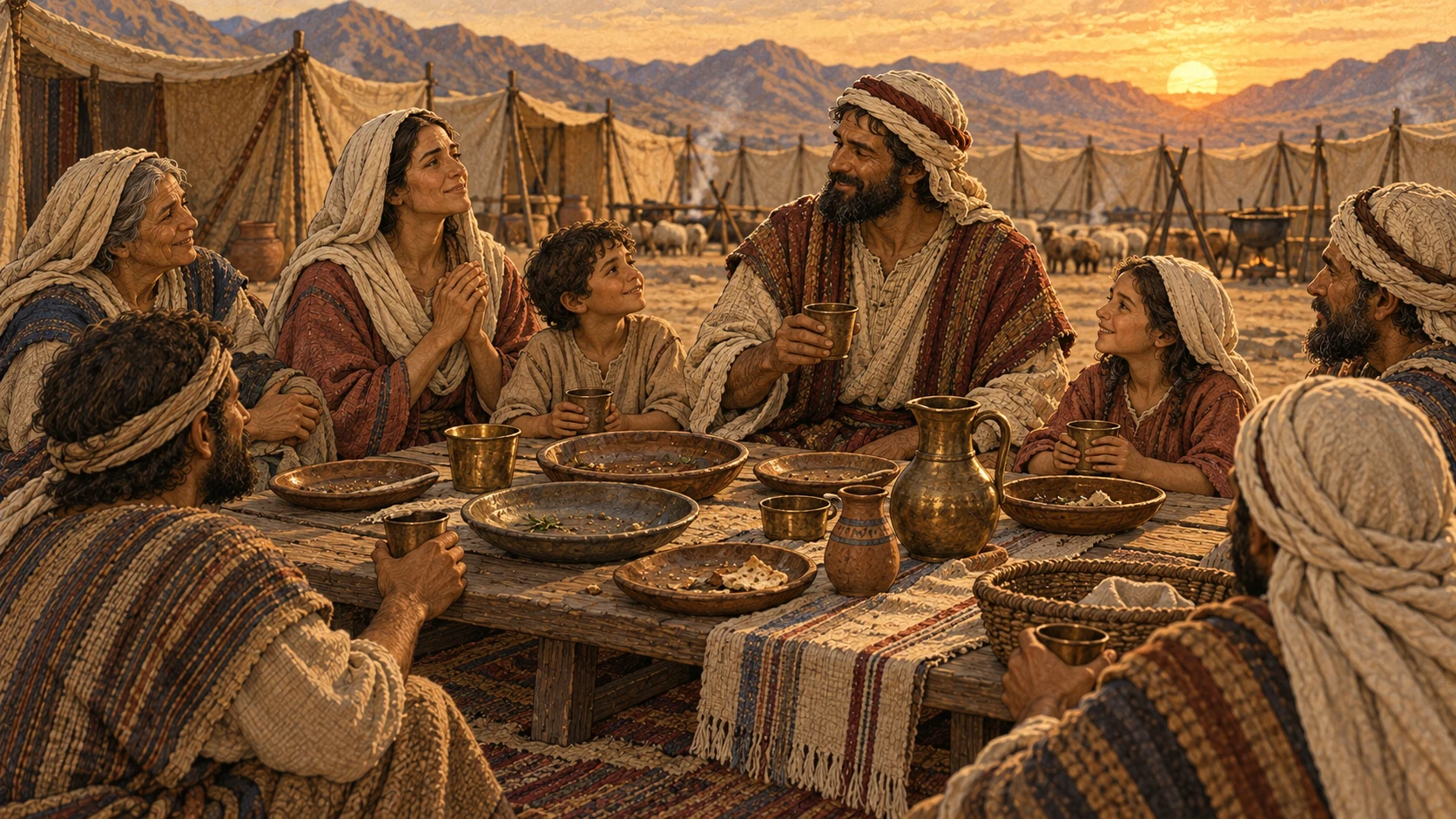 Before sunset on the day of offering, a clean extended household reverently finishes a modest thanksgiving peace-offering meal in the camp. Nearly empty shared dishes and the warm low sun show that nothing will remain until morning. Bronze Age family setting, gratitude and restraint; no raw meat, blood, bones, leftovers piled up, or night sky.