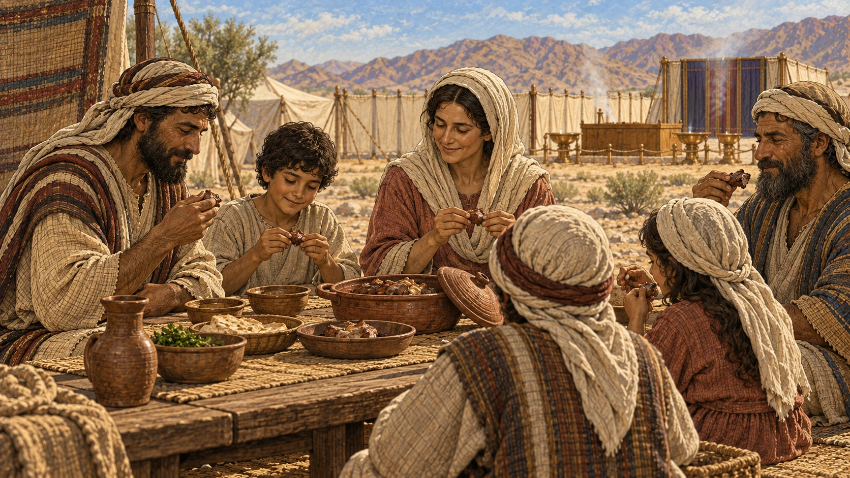 In clear second-day morning light, a clean household shares the small permitted remainder of a vow or freewill peace offering from covered earthenware dishes. The meal is modest and orderly, with yesterday's sanctuary visible in the distance. No third-day decay, raw meat, blood, bones, excess food, or written calendar.