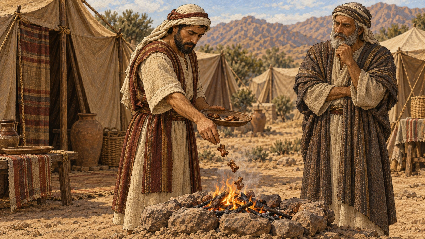 On the third morning, an Israelite responsibly burns the final small remainder of cooked peace-offering meat in a controlled outdoor fire instead of eating it. He turns away from the dish with sober obedience while an elder observes. No eating, rotting flesh, blood, gore, carcass, dramatic flames, or refuse heap.