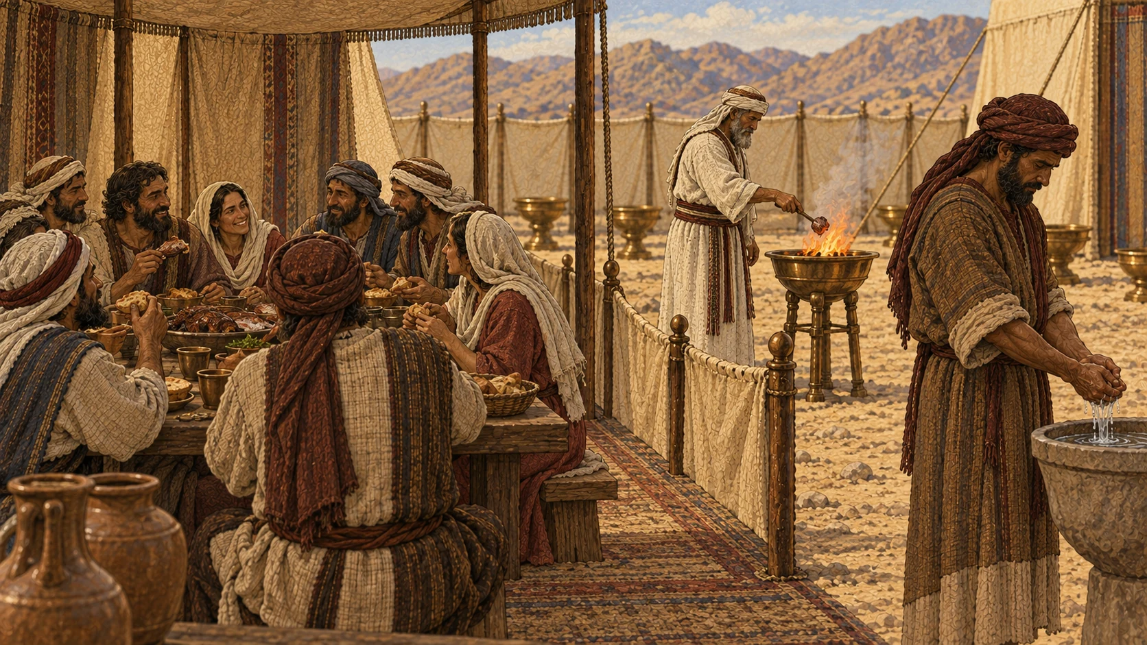 At a peace-offering meal, ceremonially clean Israelites eat together while one adult who has touched an unclean object remains respectfully outside the meal area, washing and abstaining. A separate small contaminated portion is consumed in a controlled fire. Make the boundary clear through spacing and action; no shaming, expulsion violence, blood, gore, disease lesions, or extra narrative panels.