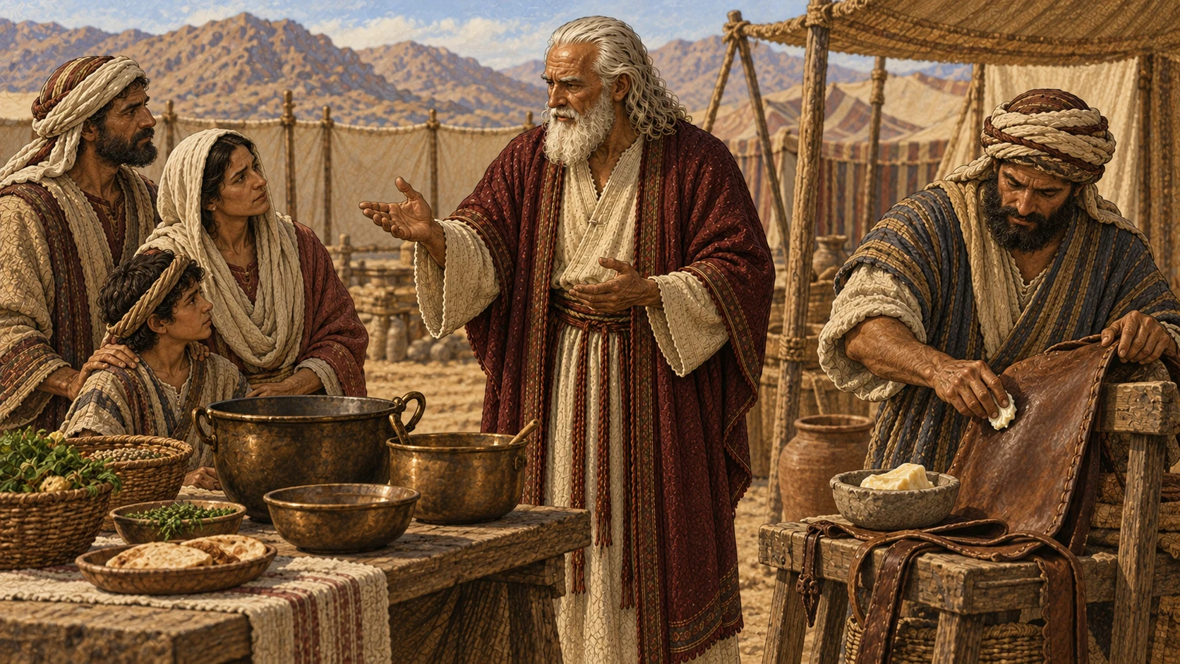 Moses in cream robe and burgundy mantle instructs an Israelite household as they separate animal fat from ordinary food. A small portion of unusable carcass fat is repurposed to grease a simple leatherworking tool, while cooking vessels contain no fat. No eating fat, dead animal, torn carcass, blood, gore, written labels, or modern workshop objects.