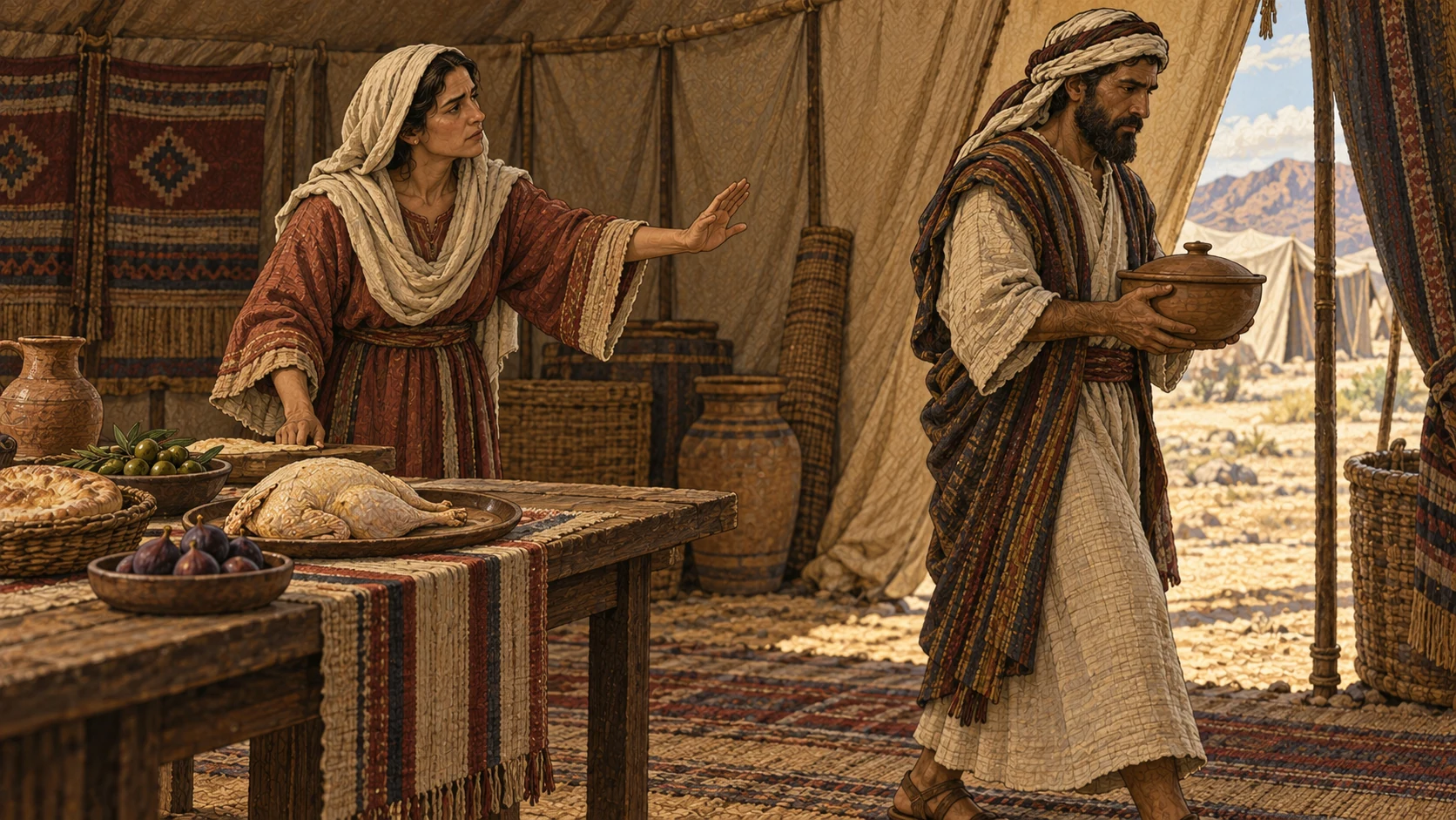 Inside a Bronze Age camp kitchen, an Israelite household carefully drains a freshly prepared bird over an earthenware bowl and sets the bowl aside from all food. Their serious restraint communicates that blood is never eaten in their dwellings. Keep the bird plucked and non-graphic; no drinking, wound, splashing, gore, slaughter action, or visible deity.