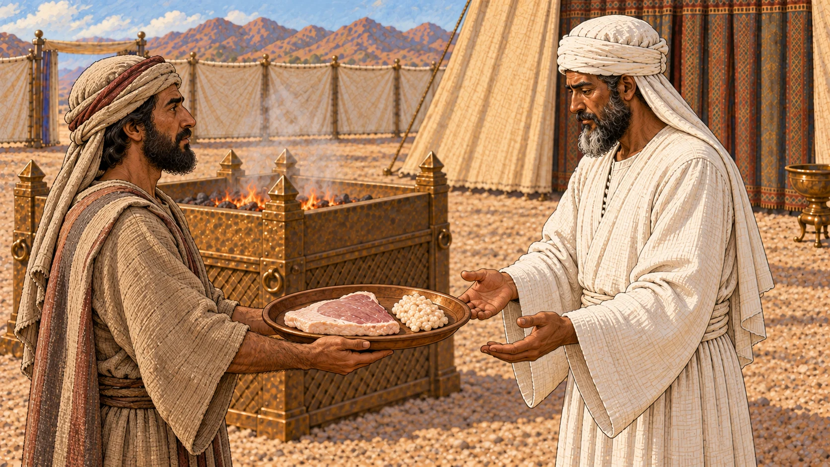 At the sanctuary courtyard, the worshipper personally carries a clean bronze tray holding the prepared breast and pale fat portions of his peace offering toward a waiting white-linen priest. His hands remain visibly under the tray, emphasizing personal presentation. No whole animal, blood, exposed entrails, gore, extra body parts, or priest taking the tray prematurely.