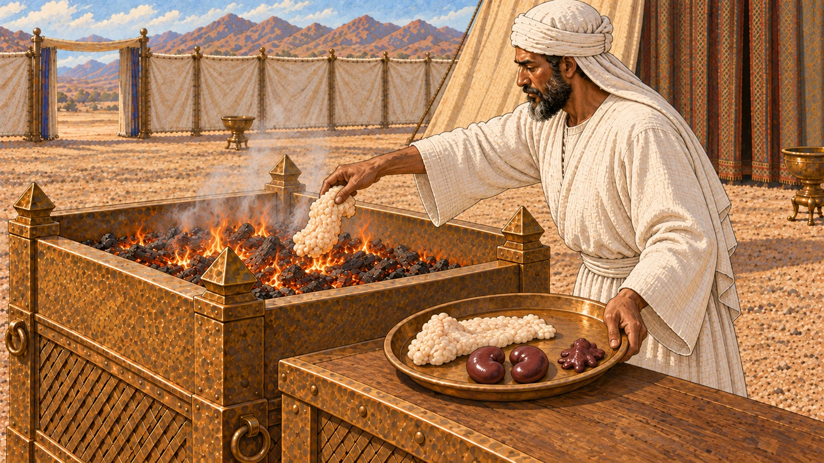 At the broad bronze altar, a white-linen priest arranges the prescribed pale portions on the low fire: one fat tail, the covering fat, exactly two kidneys, and one small liver appendage. Display them as clean prepared ritual portions on a bronze tray before burning. No whole animal, entrail mass, blood, gore, extra kidneys, or feast food.