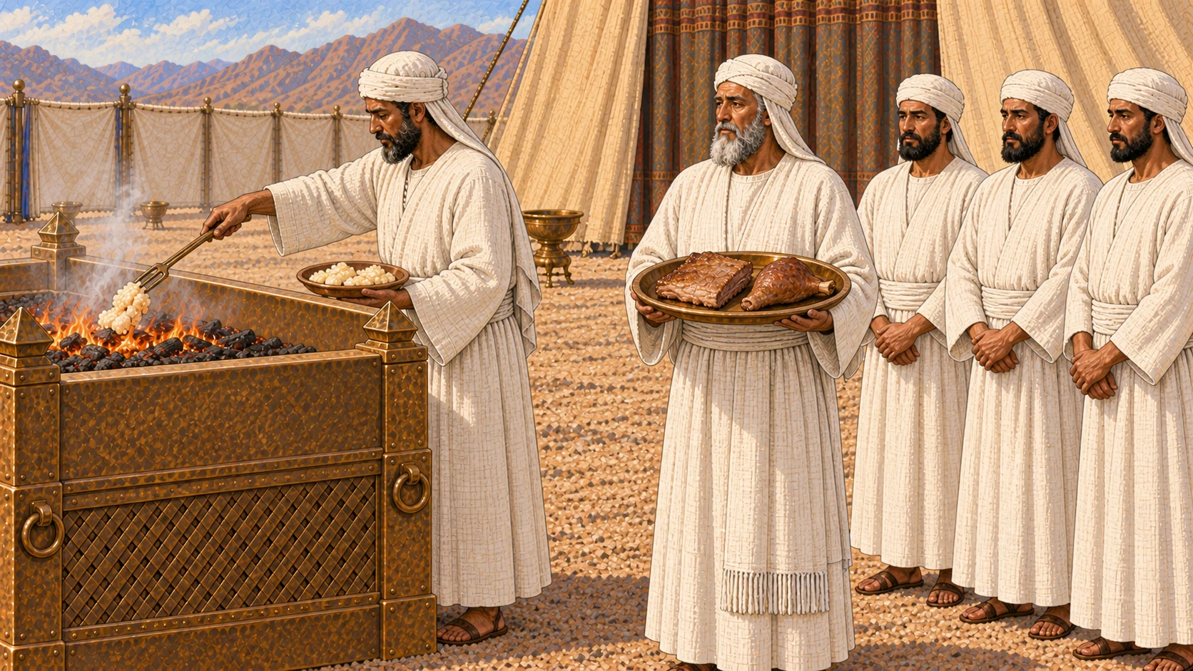 At the broad bronze altar, a white-linen priest places only the pale fat portions on the low fire. Beside him, Aaron and his adult sons receive the cooked breast and exactly one right thigh as their permanent priestly portions. Clear separation between what burns and what is retained; no whole carcass, blood, gore, duplicate thighs, or feast scene.