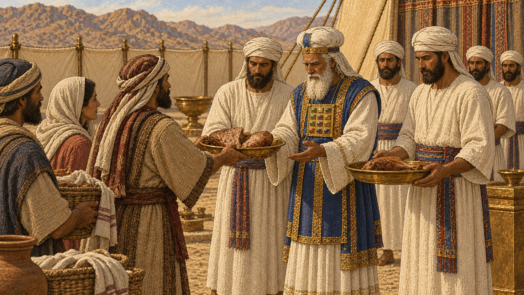 Aaron, identifiable by his dignified priestly garments, stands with his adult priestly sons in the sanctuary courtyard as Israelite families bring the established breast and right-thigh portions. A younger generation of adult priests waits behind them, suggesting the enduring statute. No children serving as priests, written decree, animal carcass, blood, gore, or supernatural figure.