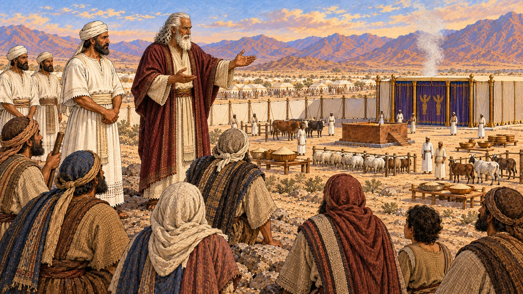 On a rocky rise in the wilderness of Sinai, Moses with long white hair and beard, cream robe and burgundy mantle teaches Aaron, priests, and representative Israelite families. Below them the ordered sanctuary, broad altar, grain bowls, and living offering animals quietly summarize the six offering laws. No stone tablets, writing, slaughter, blood, gore, or visible divine figure.