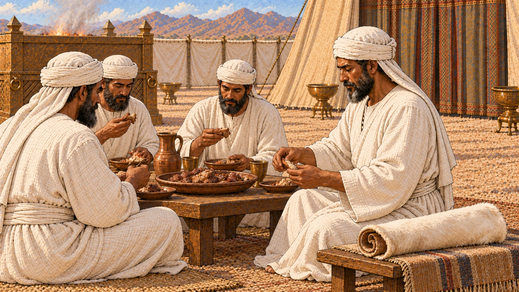 Inside the sanctuary courtyard, several adult male priests in white linen share a modest cooked portion of the guilt offering in a holy-place meal. The officiating priest has the clean rolled hide of a burnt offering set beside him as his assigned portion. No women, children, raw flesh, blood, bones, feast excess, or ordinary camp setting.