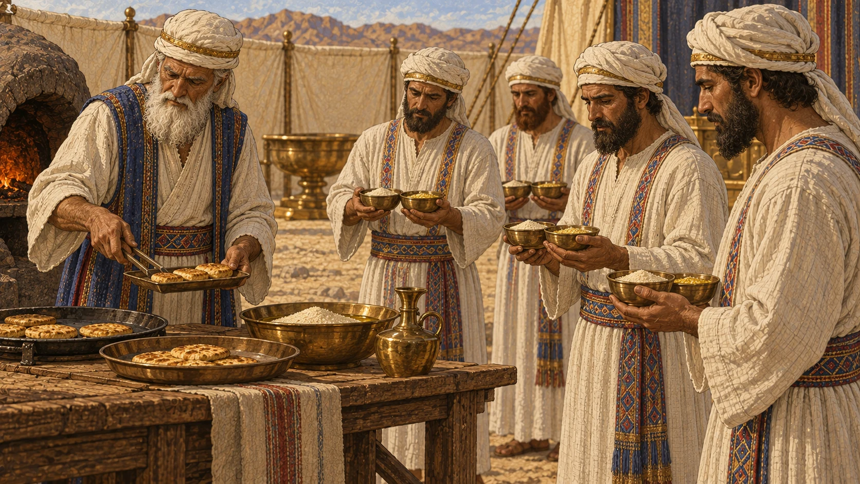 Within the holy courtyard, one officiating priest receives baked grain portions from an oven, pan, and griddle while several adult sons of Aaron receive equal small bowls of both oil-mixed and dry fine flour. Balanced arrangement and calm cooperation communicate that each shares alike. No animals, blood, risen bread abundance, women, children, or unequal hoarding.