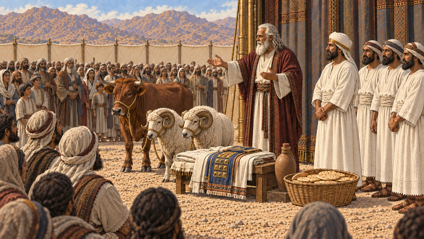 At the entrance of the tent of meeting, Moses with long white hair and beard, cream robe and burgundy mantle addresses Aaron, Aaron's adult sons, and a large orderly Israelite congregation. Beside Moses are folded priestly garments, one sealed oil vessel, one healthy bull, exactly two healthy rams, and one basket of unleavened bread. Keep all six preparation elements legible; no altar ritual, blood, slaughter, or supernatural figure.