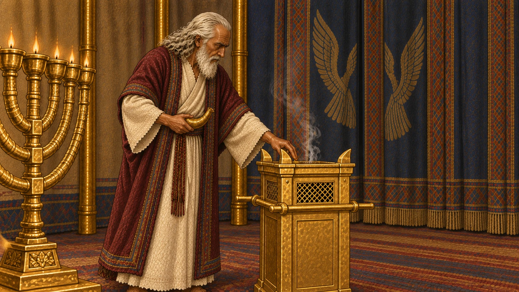 Moses carries a small horn of anointing oil through the tent of meeting, touching a modest amount to the sacred furnishings to consecrate them. Golden lampstand, incense altar, and curtains remain consistent and historically grounded. No blood, people crowding the holy place, excessive pouring, supernatural light, lettering, or modern vessels.