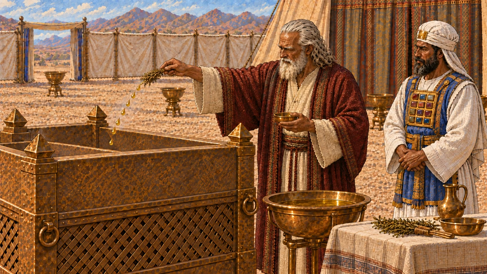 In the sanctuary courtyard, Moses sprinkles exactly seven visible small golden oil droplets toward the broad bronze lattice altar, with the bronze basin, altar utensils, and their stands arranged nearby for anointing. Aaron watches in full priestly garments. Exact count of seven droplets; no blood, animal, firestorm, extra droplets, or visible deity.