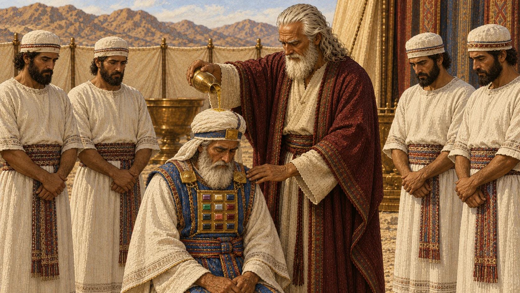 Moses pours a restrained stream of golden anointing oil onto Aaron's turbaned head while Aaron's adult sons stand beside him newly clothed in matching white tunics, woven sashes, and linen caps. Aaron retains his complete high-priestly garments. No blood, animals, excessive oil, children, crowns on the sons, or supernatural glow.