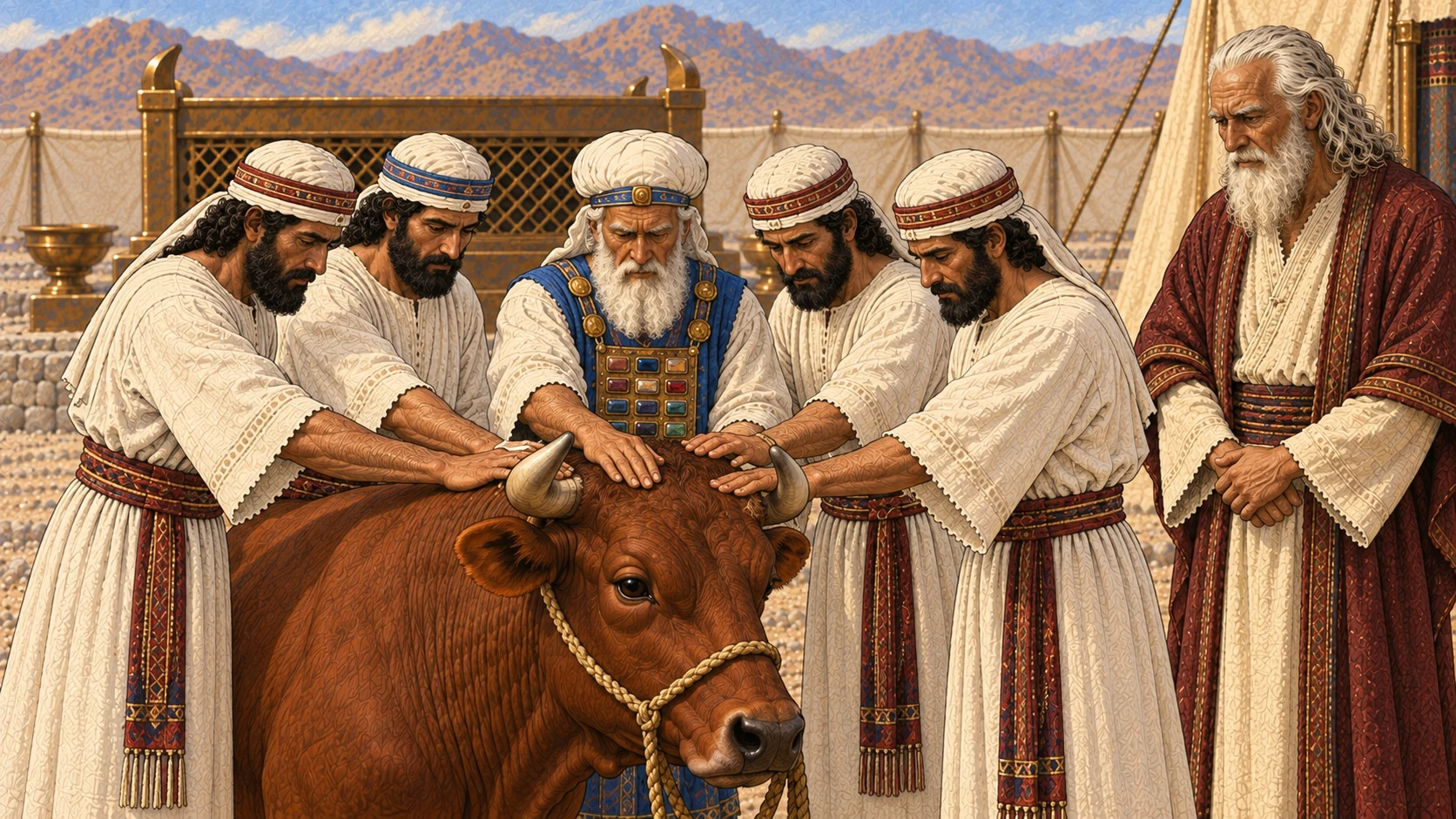 Before the broad bronze altar, Aaron and his adult sons each extend one hand onto the head and shoulders of one healthy living male bull presented as the sin offering. Moses stands separately in cream robe and burgundy mantle. Initial identification phase only; no blade, blood, wound, slaughter, carcass, or additional animals.