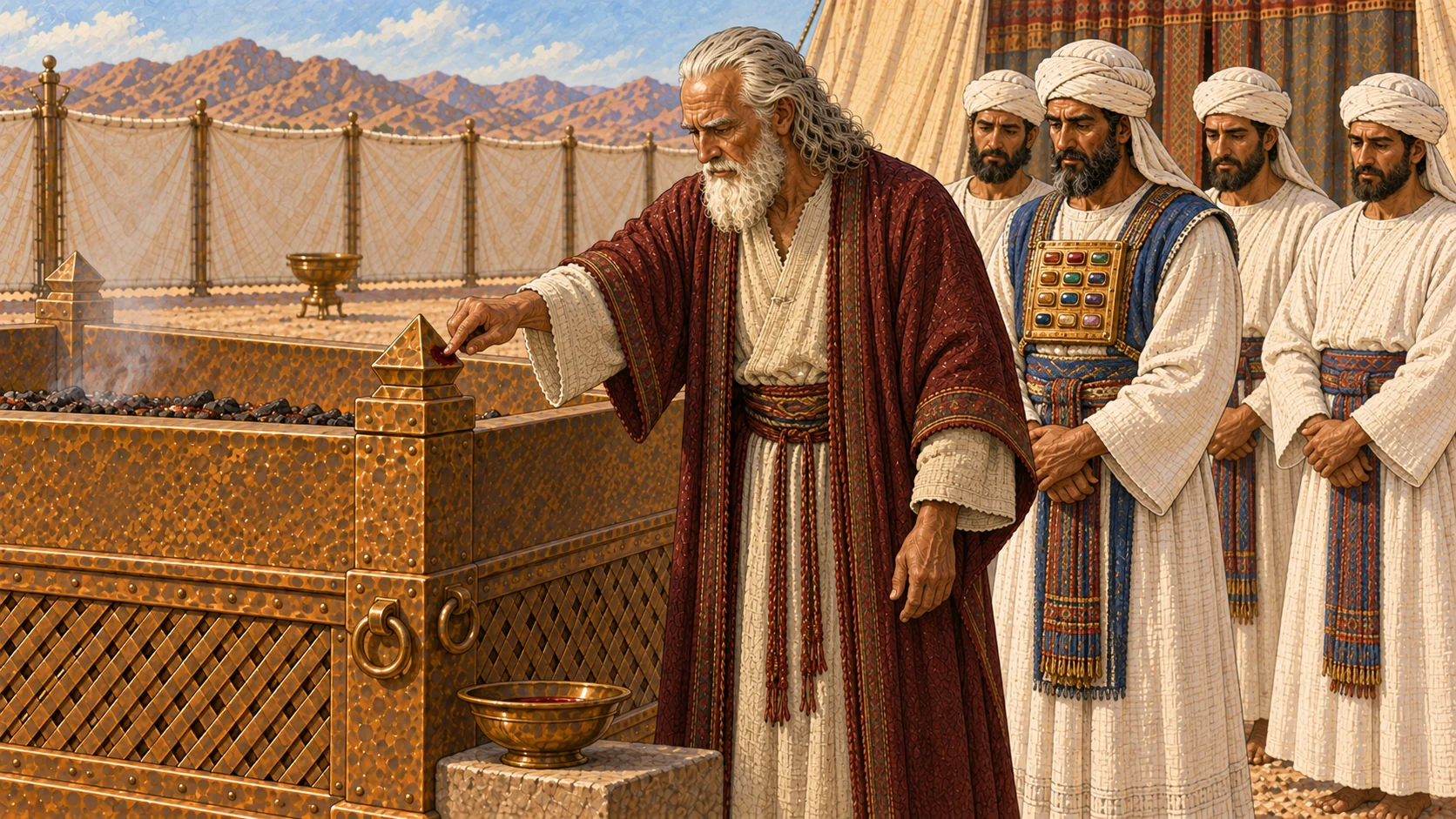 At the broad bronze lattice altar, Moses touches one small dark red mark onto a corner projection with his finger while a shallow bronze bowl rests at the base where the remainder has been poured. Aaron and his sons observe solemnly. No animal body, pouring action, splashing, gore, dramatic blood, or white-priest substitution for Moses.