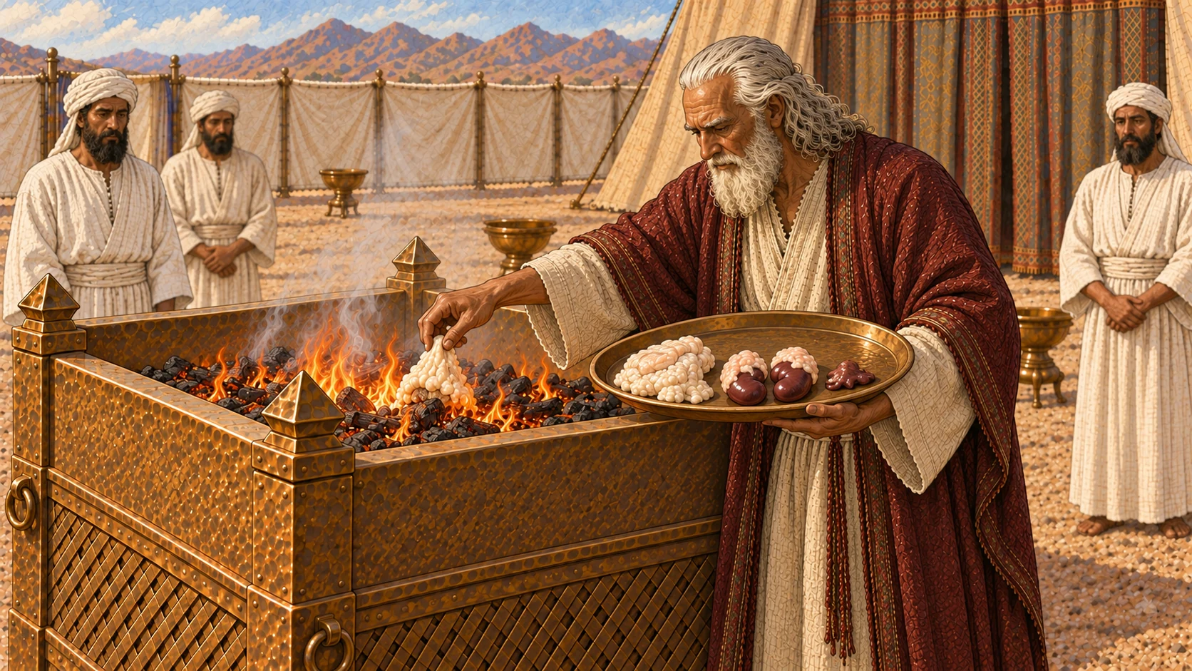 Moses places clean prepared pale portions onto the low altar fire: the covering fat, exactly two kidneys with their fat, and one liver appendage. Arrange the portions clearly on a bronze tray before the flame. No whole animal, entrail mass, blood, gore, extra kidneys, bread, or feast food.