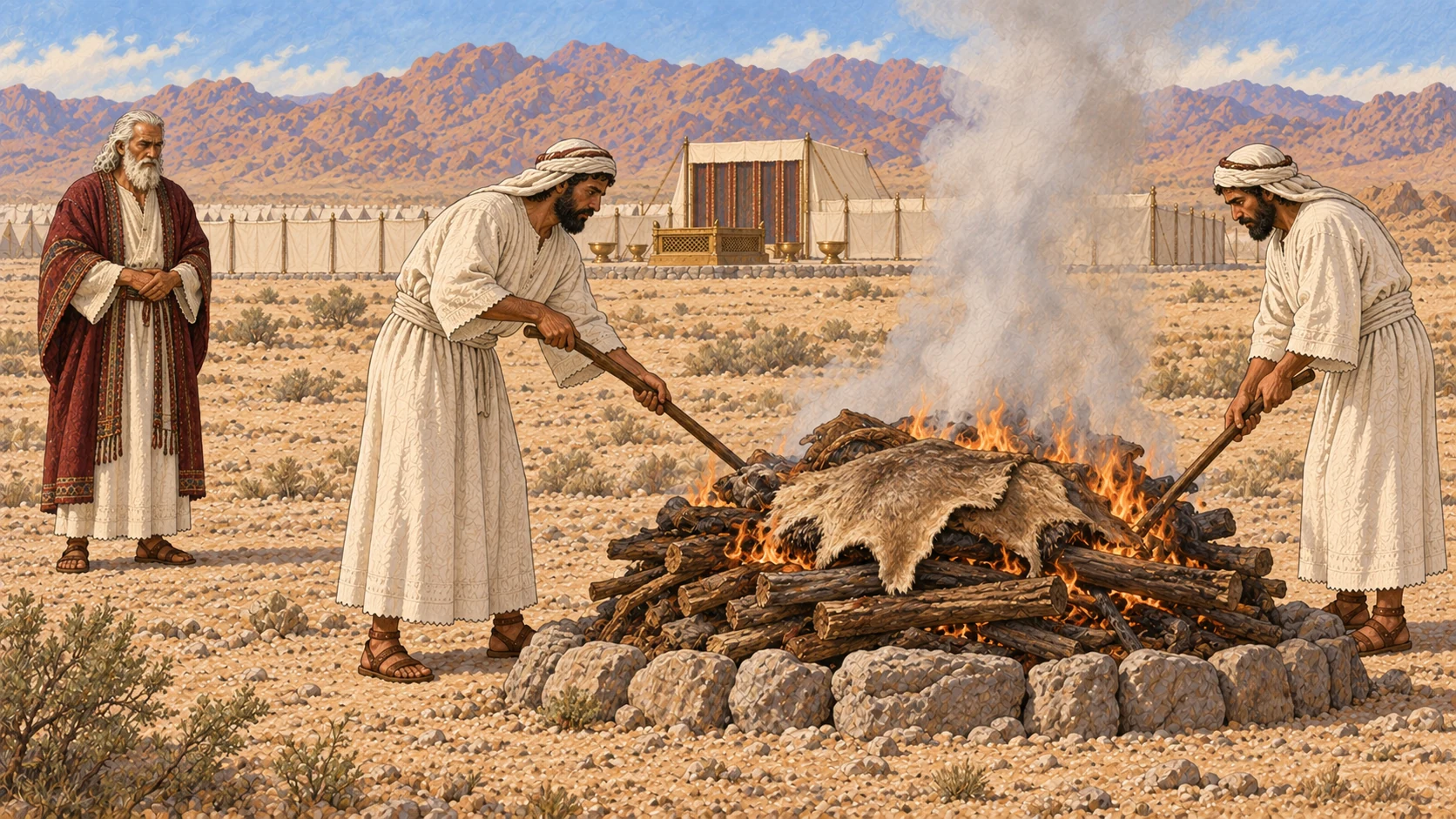 At a clean place outside the camp, two attendants tend a controlled wood fire holding the bull's hide, flesh, and dung as prescribed, with the remains largely covered and non-graphic. Moses supervises from a respectful distance; the camp and sanctuary sit far behind. No exposed anatomy, blood, gore, scavengers, refuse, or dramatic inferno.