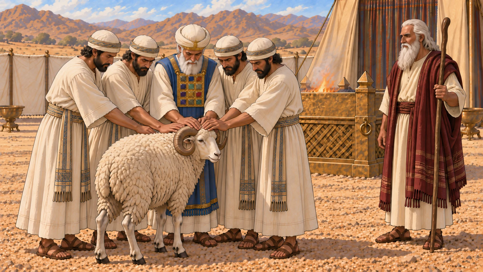 Aaron and his adult sons lay their hands upon one healthy living horned ram before the broad bronze altar while Moses stands ready nearby. The ram is clearly distinct from the earlier bull and remains calm and unblemished. Initial presentation only; no second ram, blade, blood, wound, slaughter, or carcass.