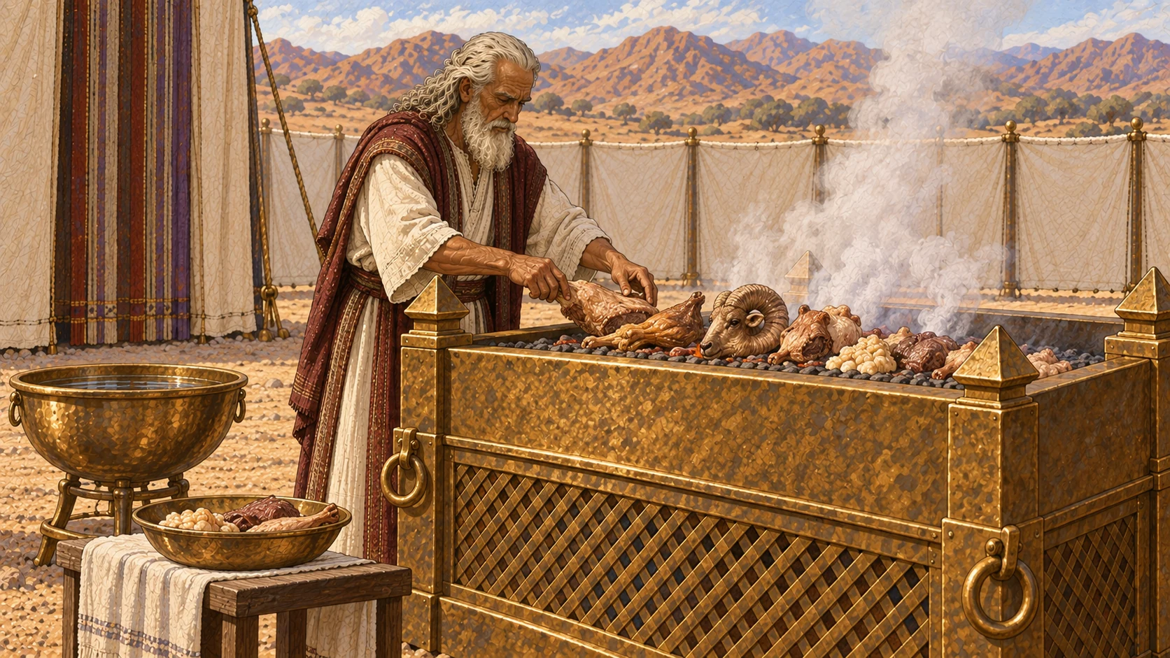 At the broad bronze altar, Moses arranges washed ram portions over a controlled fire after the blood rite. A bronze water basin and shallow bowl stand nearby; the head, prepared pieces, suet, washed legs, and washed inner portions are orderly and non-graphic as the whole offering turns to smoke. No living animal, exposed entrail gore, splashing blood, or dramatic flames.