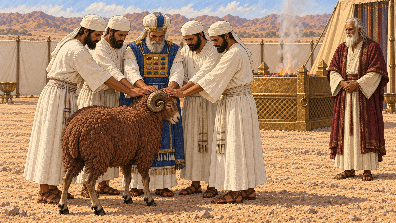 Aaron and his adult sons place their hands upon the head and shoulders of the second healthy living horned ram, the ordination ram, before the broad bronze altar. Moses stands separately. Distinguish this second ram with a darker russet fleece. No first ram, bull, blade, blood, wound, slaughter, or carcass.