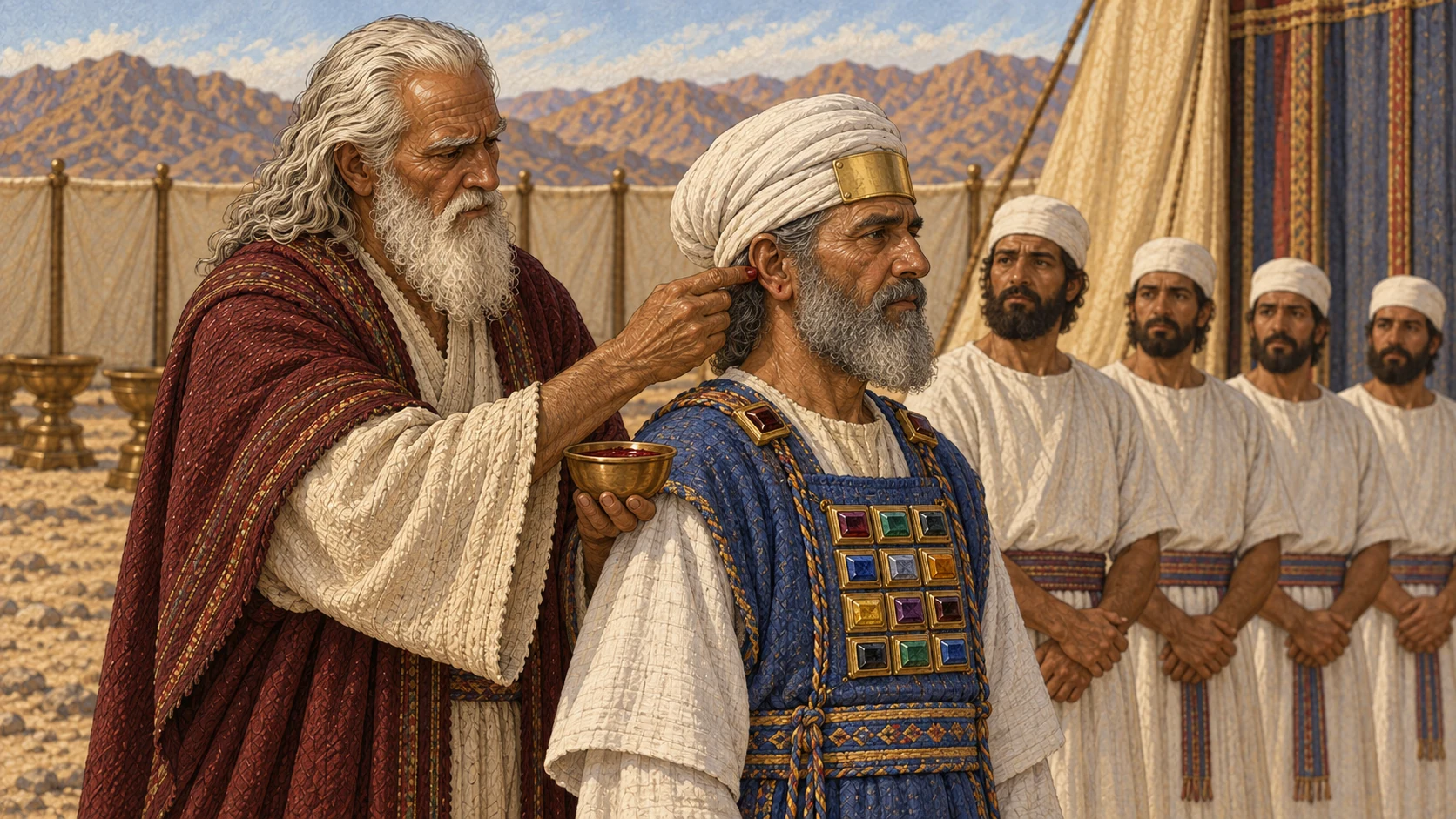 Moses applies three tiny restrained dark red marks to Aaron and then his adult sons: right earlobe, right thumb, and right big toe. They stand in one orderly line with right hands and sandaled right feet positioned naturally. Exactly those three locations per person; no left-side marks, wounds, dripping blood, gore, animal body, or exaggerated poses.