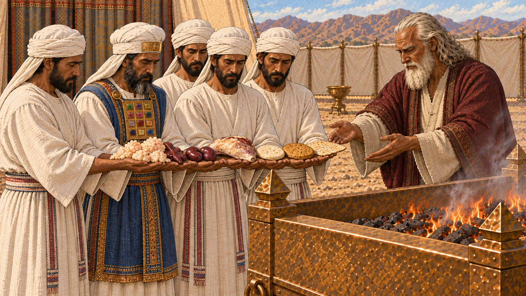 Aaron and his adult sons hold the ordination portions together on their open palms before Moses: pale fat and fat tail, one liver appendage, exactly two kidneys, exactly one right thigh, exactly one unleavened cake, one oil-mixed cake, and one thin wafer. Moses guides the wave offering toward the altar's low flame. No extra bread, duplicate thighs, whole animal, blood, gore, or feast table.