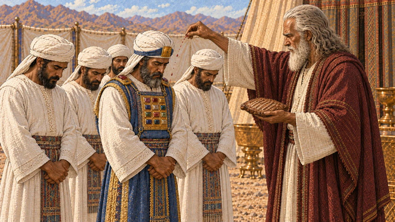 Moses holds the cooked breast as his wave-offering portion while lightly sprinkling a restrained mixture of oil and altar blood onto Aaron's complete garments and the white garments of Aaron's adult sons. Use only a few small droplets and dignified poses. No gore, soaked clothing, animal carcass, magical glow, extra food portions, or visible deity.