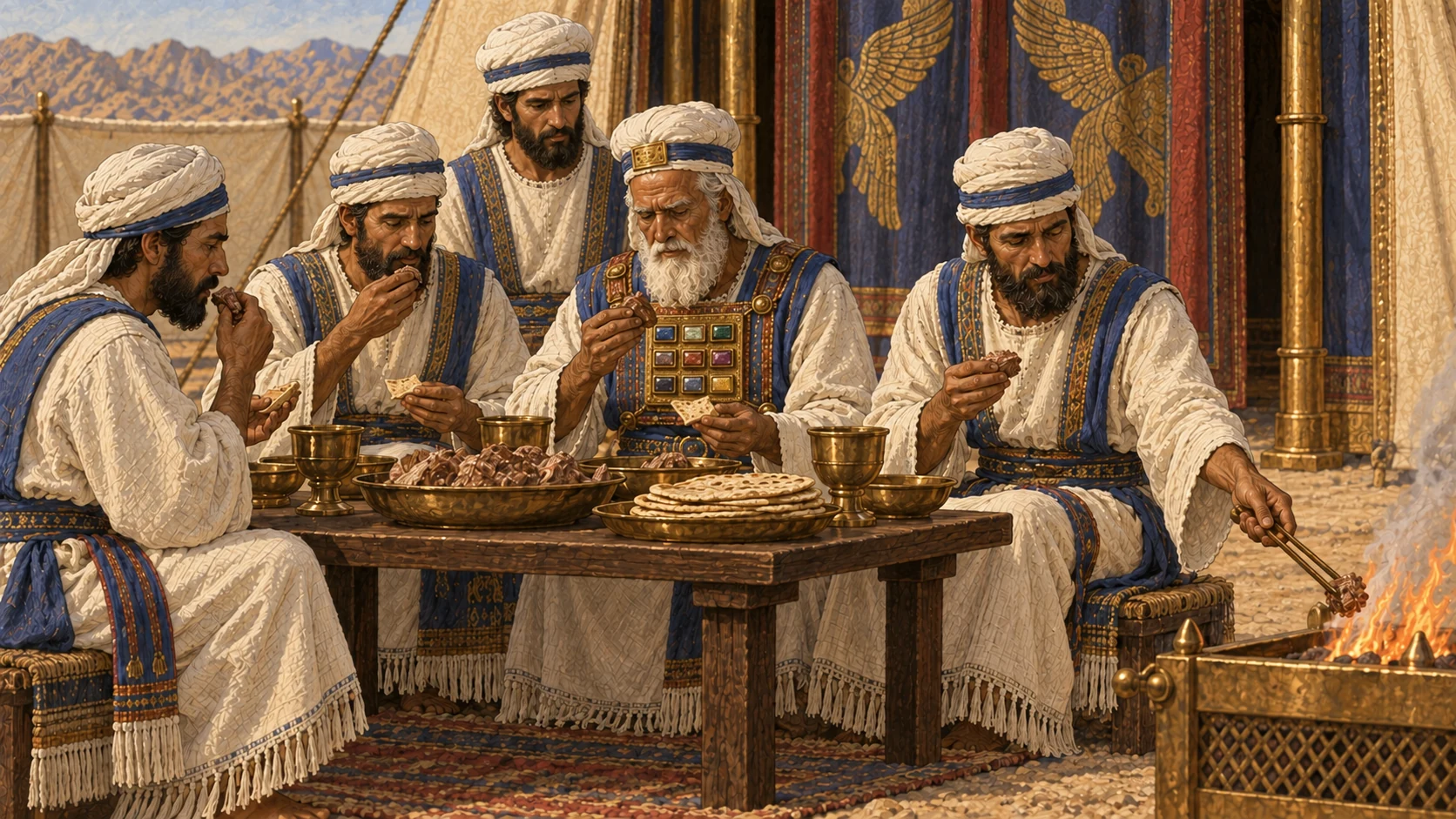 At the entrance of the tent of meeting, Aaron and his adult sons eat boiled meat and unleavened bread from the ordination basket in a solemn shared meal. Nearby, one small remaining portion is placed into a controlled fire. Keep eating and disposal spatially clear within one composition; no raw meat, blood, bones, feast excess, women, children, or ordinary camp setting.