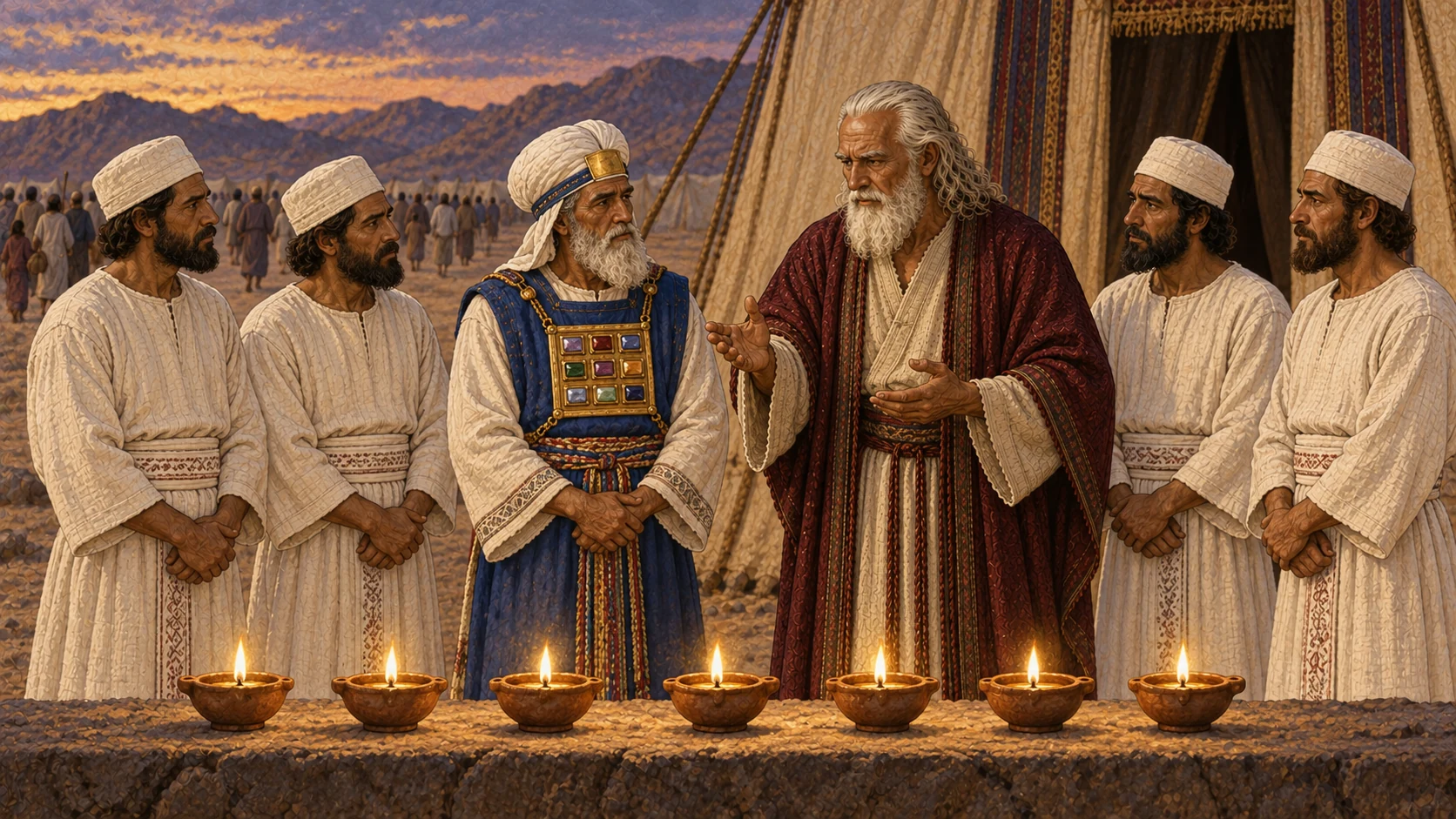 At twilight, Aaron and his adult sons remain faithfully at the entrance of the tent of meeting in their priestly garments, with seven small clay lamps arranged in a single row to symbolize the complete seven-day watch. Moses gives final instruction as the congregation recedes. Exactly seven lamps; no departure, sleeping, written calendar, extra lamps, blood, animals, or supernatural figure.