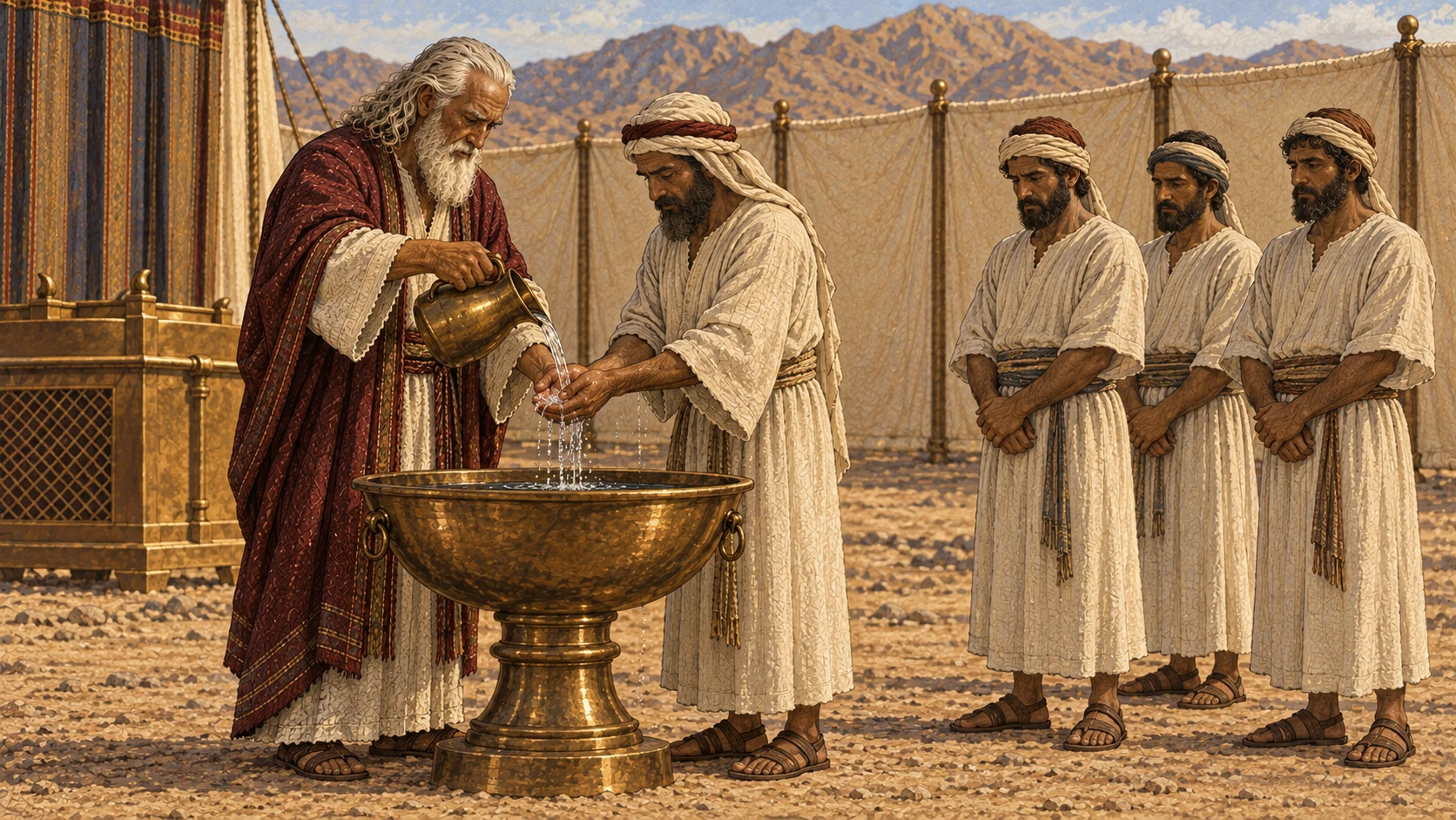 At the bronze basin within the sanctuary courtyard, Moses pours clean water over Aaron's hands while Aaron's adult sons wait in simple linen wraps to be washed. Preserve modest full-body coverage and solemn preparation. No nudity, ornate priestly garments yet, oil, blood, animals, or modern plumbing.