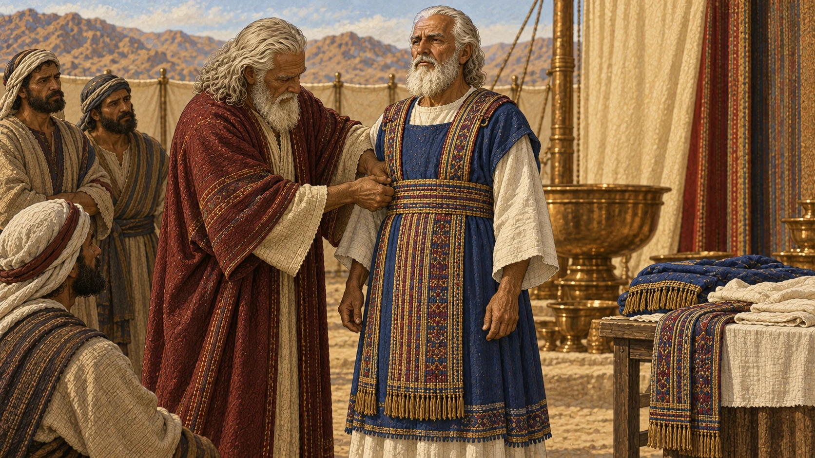 Moses carefully clothes Aaron in layered priestly garments: white tunic, woven sash, blue robe, richly woven ephod, and its fitted band. Aaron stands dignified and still while the garments remain historically plausible and fully cover him. No breastpiece, turban, crown, oil, supernatural glow, text, or modern fasteners yet.