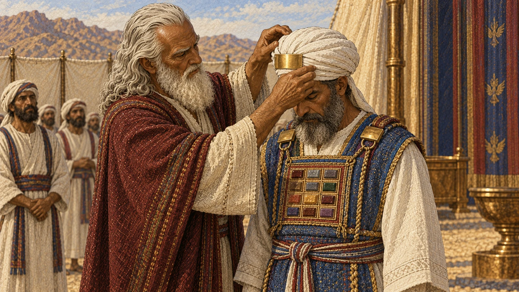 Close three-quarter view as Moses finishes Aaron's vestments by fastening the square breastpiece over the ephod, placing its concealed Urim and Thummim within, then setting a white turban with a small plain gold forehead plate. Show no readable writing on the plate and no loose gemstones, magical glow, modern jewelry, or visible deity.