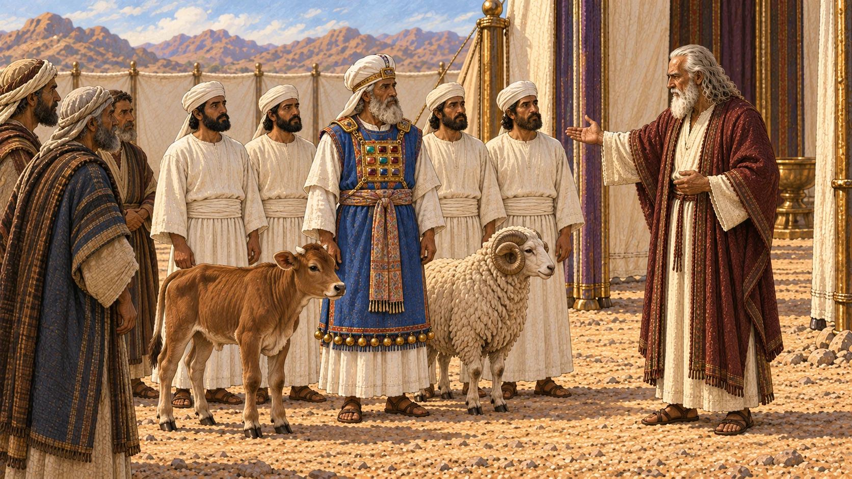 In crisp morning light at the sanctuary entrance, Moses with long white hair and beard, cream robe and burgundy mantle calls Aaron in complete high-priestly garments, Aaron's adult sons, and Israel's elders. One healthy young male calf and one healthy horned ram stand nearby for Aaron's offerings. Exactly two animals; no congregation crowd, blood, slaughter, fire, or visible divine figure.