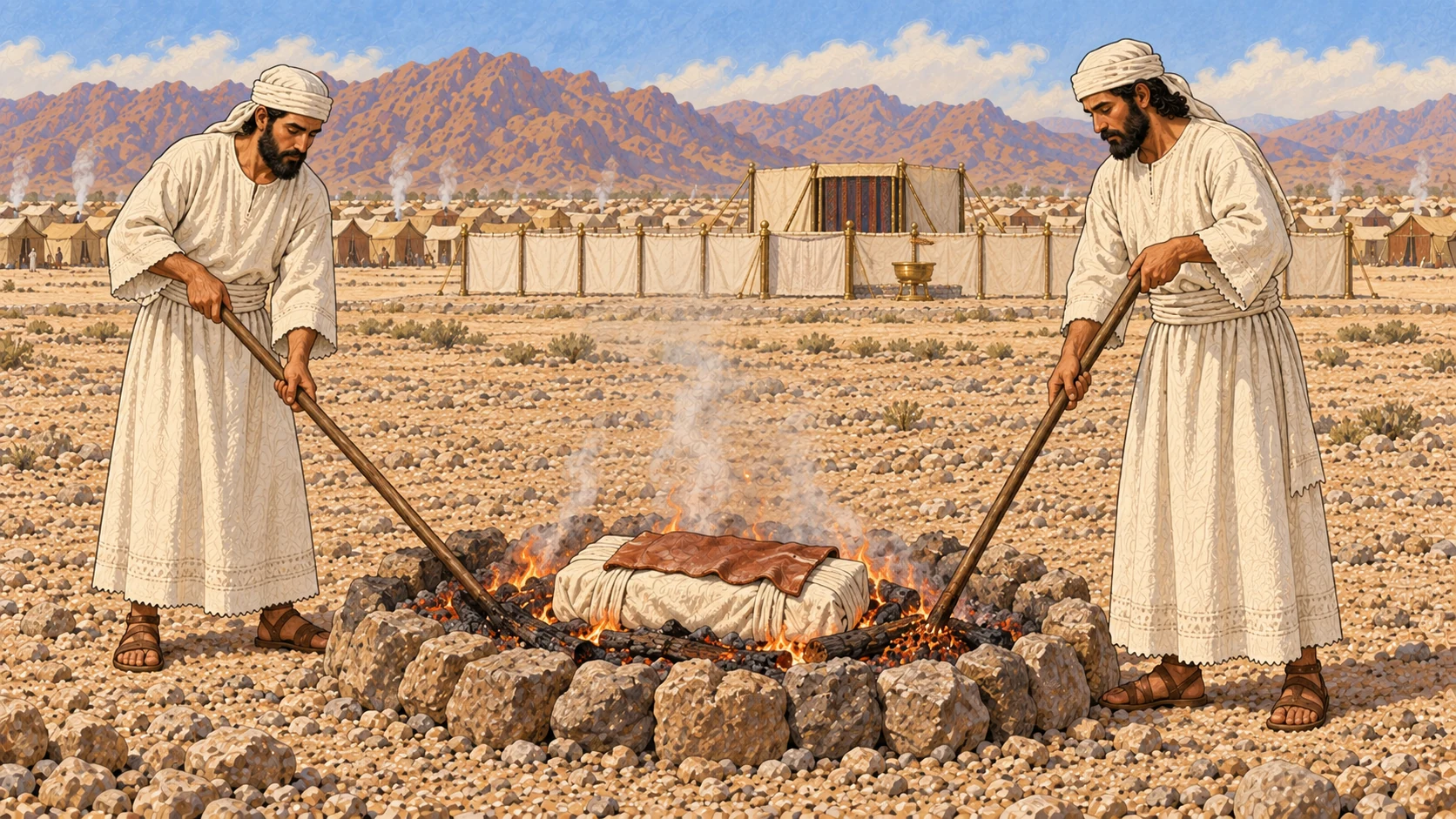 At the established clean place outside the camp, two priestly attendants tend a controlled fire containing the calf's flesh and hide, kept mostly covered and non-graphic. The distant sanctuary is visible beyond the tents. No exposed anatomy, blood, gore, scavengers, refuse heap, dramatic inferno, or visible divine figure.