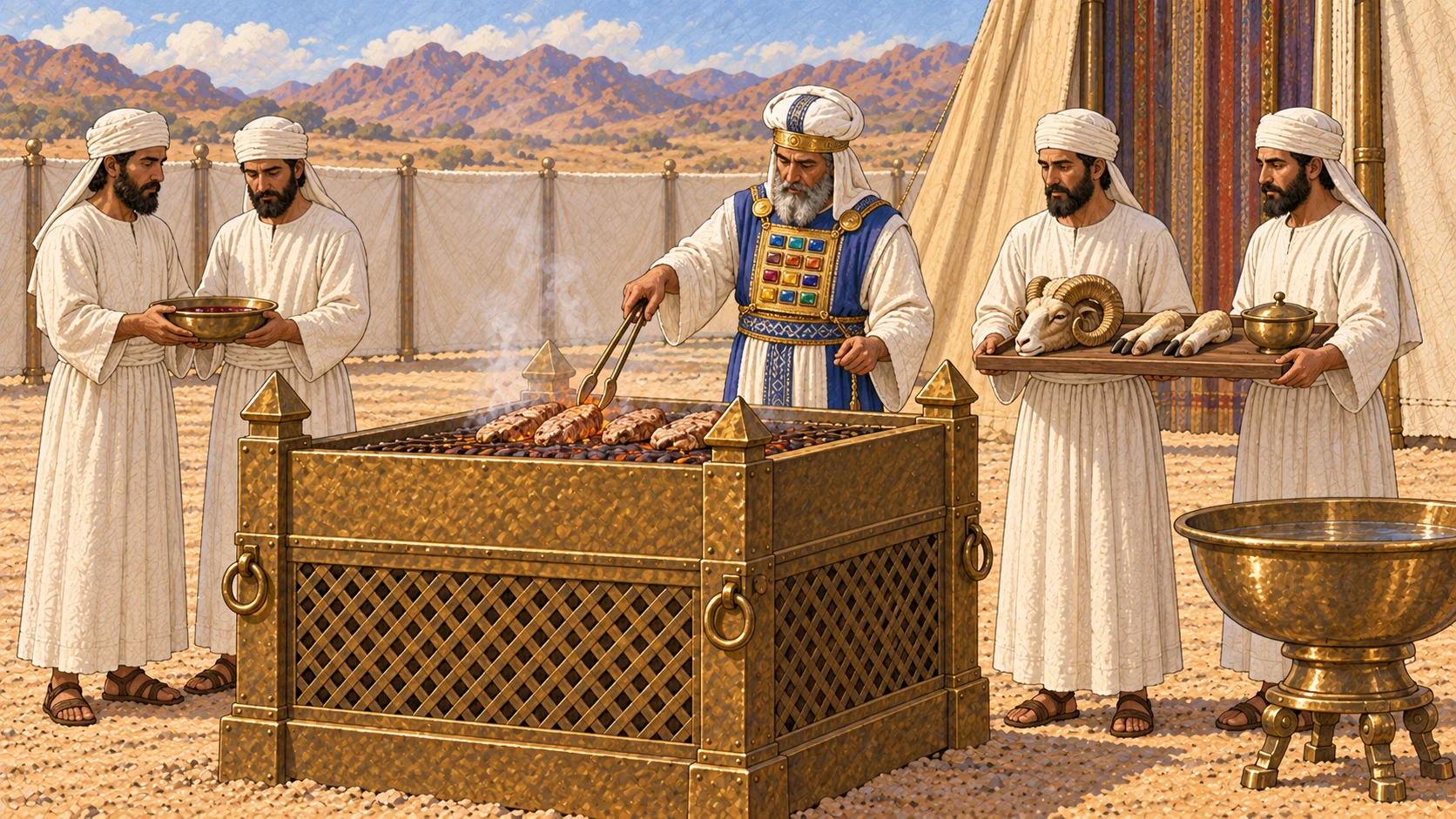 Aaron stands at the broad bronze altar as his adult priestly sons bring clean prepared ram portions piece by piece, including the head, washed inner portions, and lower legs. Aaron arranges them over a controlled fire; a bronze basin and shallow bowl stand nearby. No living animal, exposed entrail gore, splashing blood, carcass, or dramatic flames.