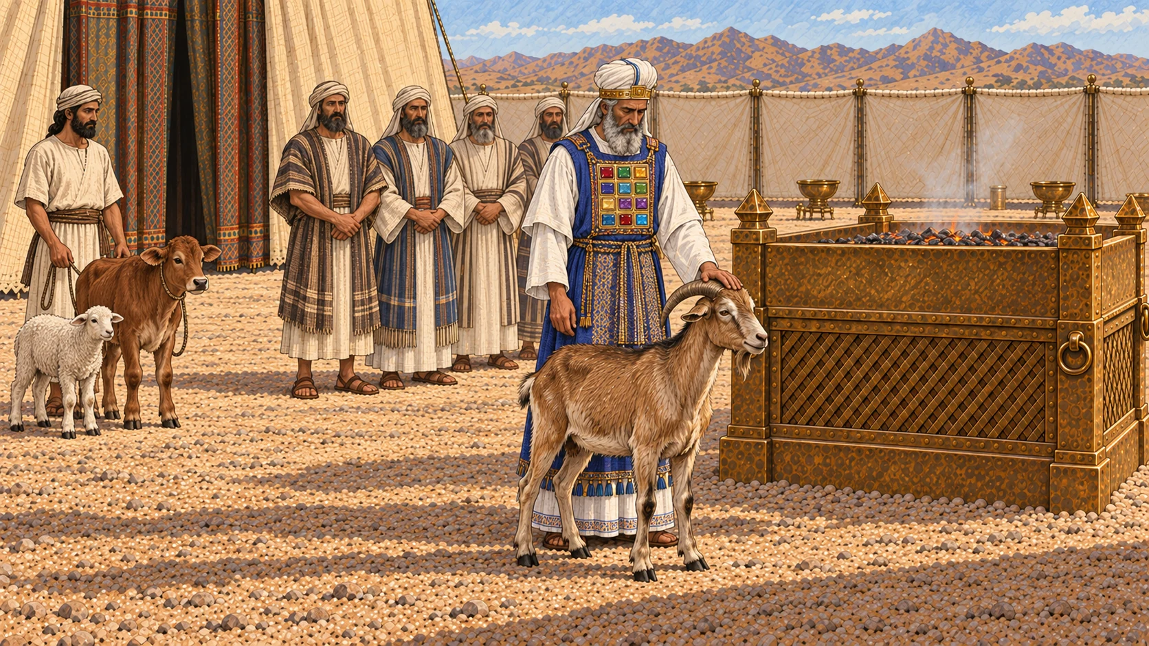Aaron receives the people's healthy male goat beside the broad bronze altar while the people's year-old calf and lamb wait separately for the burnt offering. The goat stands closest as the current sin offering and Aaron's hand indicates the established rite. Presentation-stage compression only; no slaughter, blade, blood, wound, carcass, duplicate animals, or visible divine figure.